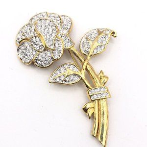 NOLAN MILLER Large Pave Rhinestone Rose Flower Gold Tone Pin Brooch 4"